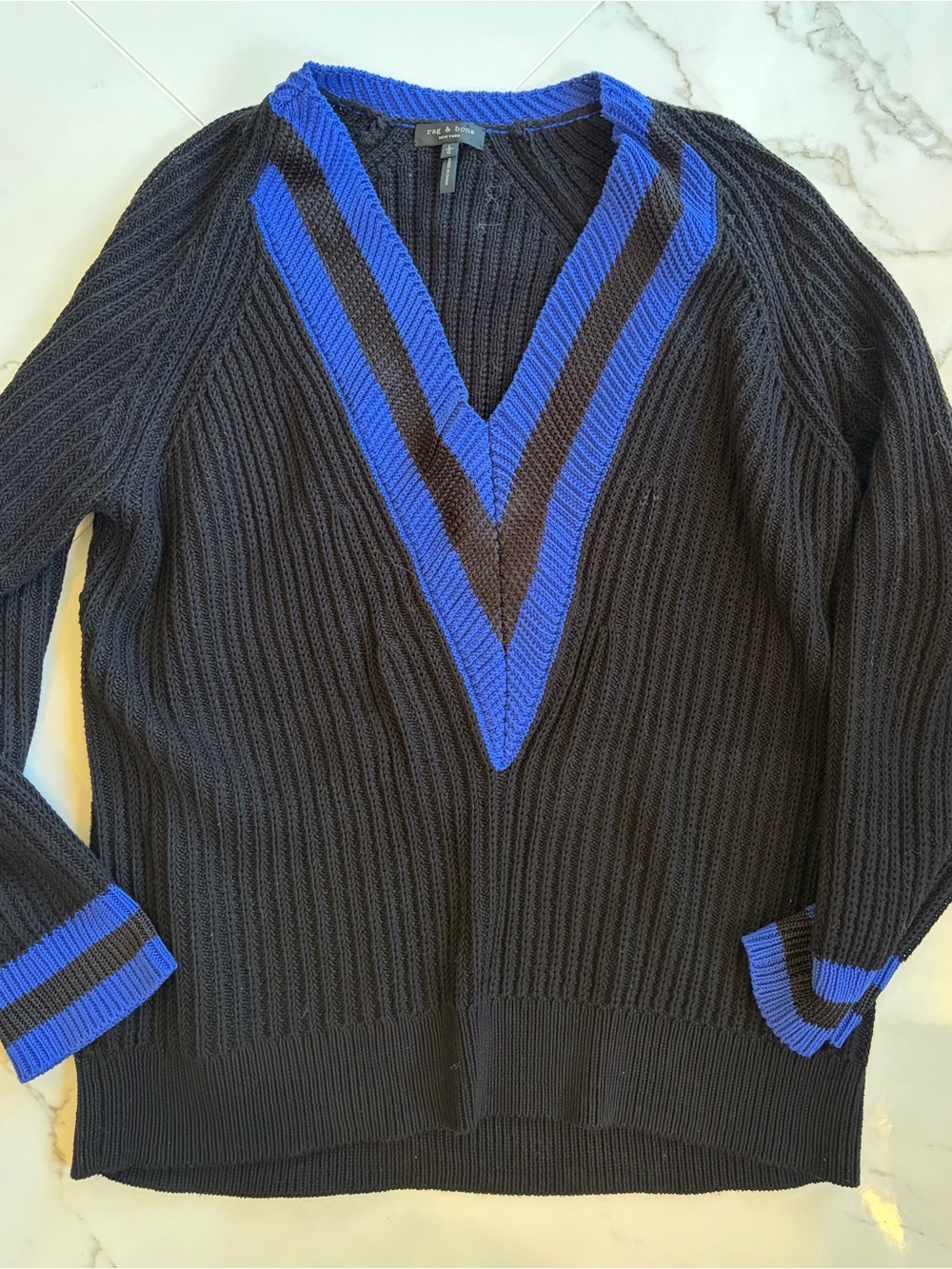rag & bone Black V-Neck Sweater with Blue Trim